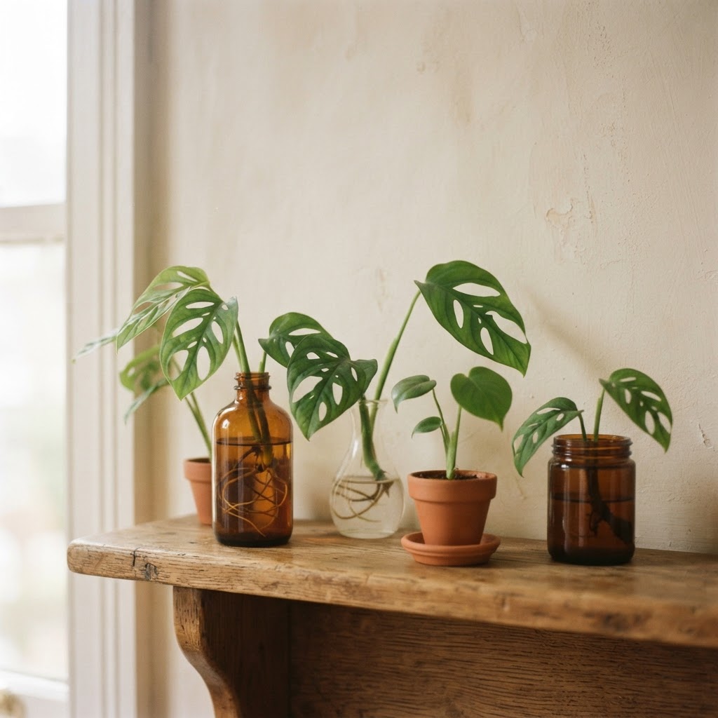 Potted monstera cuttings on a shelf
