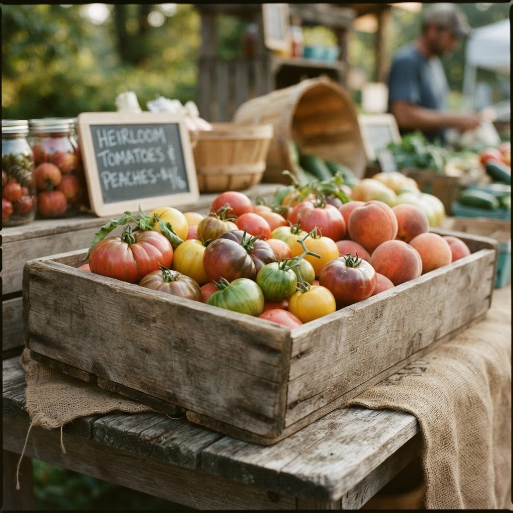 Crate of heirloom tomatoes and peaches
