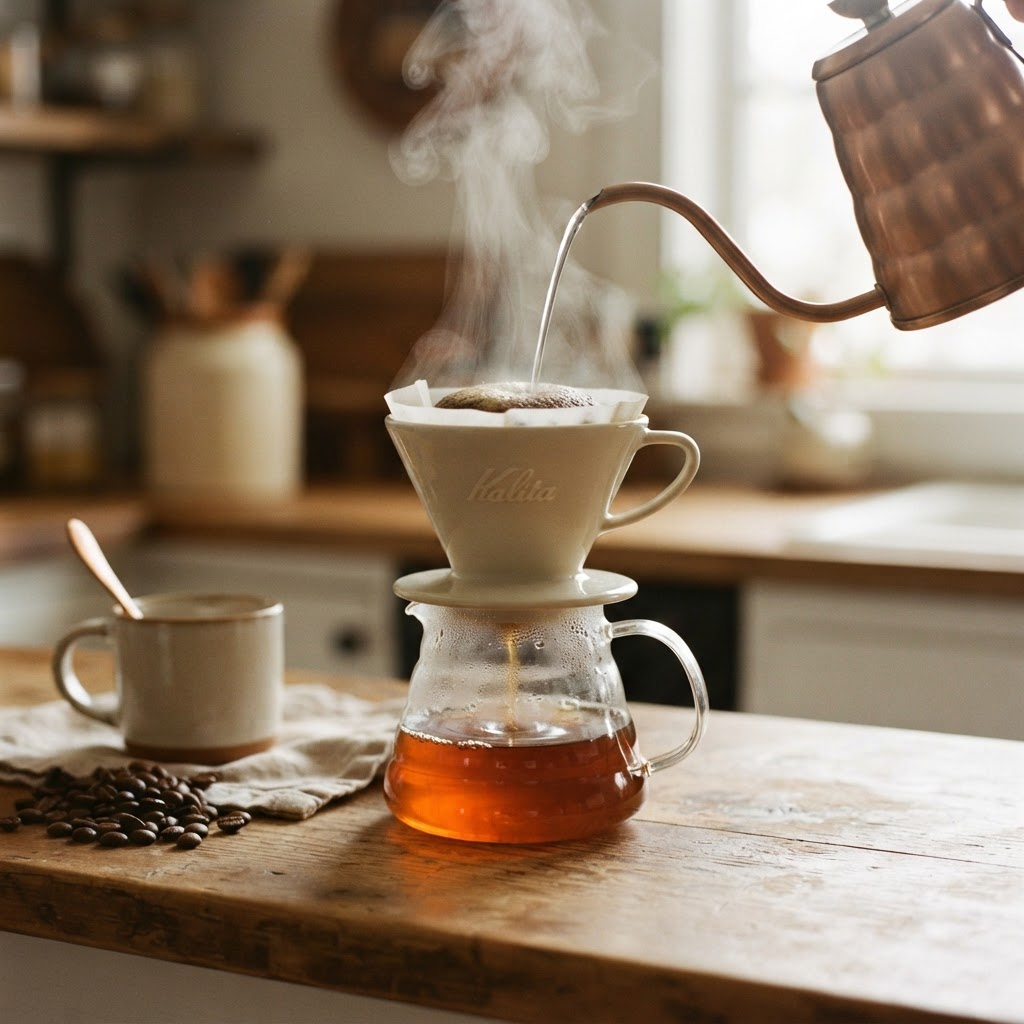 Pour over coffee brewing into a carafe