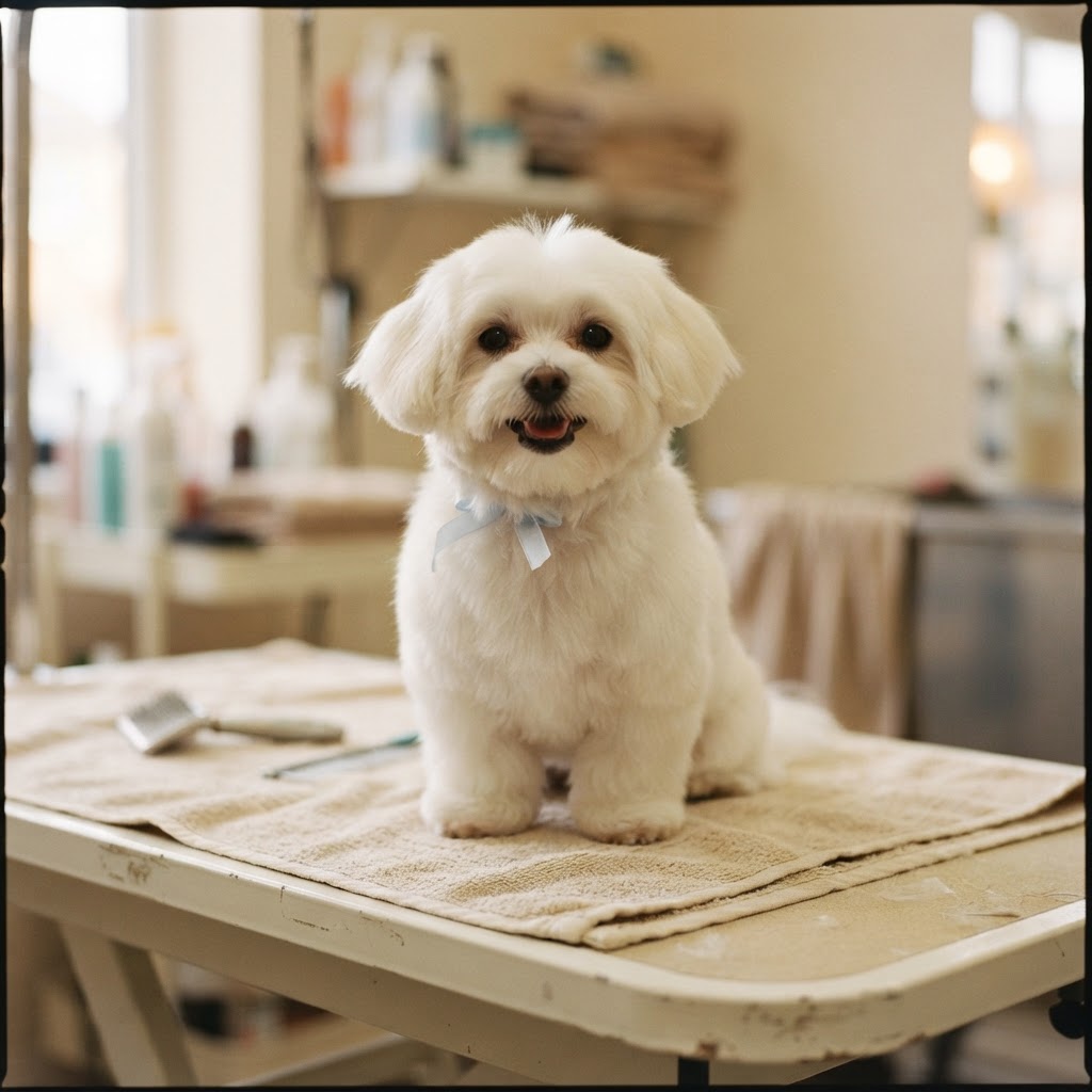Freshly groomed dog on a grooming table