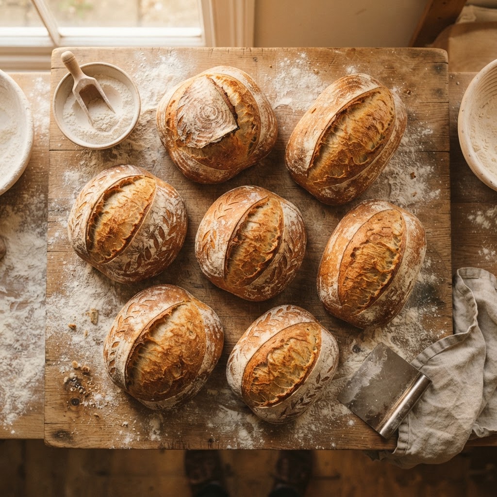 Fresh sourdough loaves on a floured bench