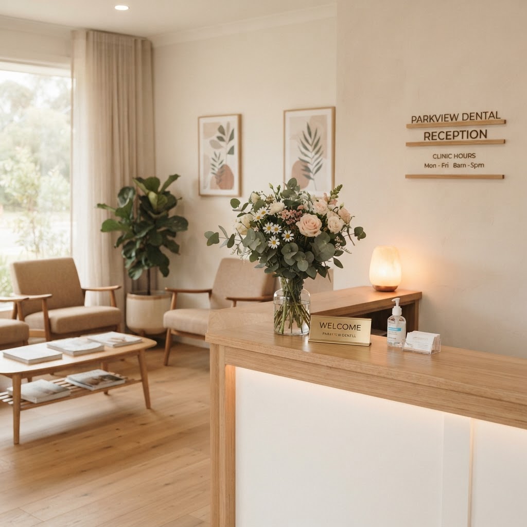 Calm dental reception area with flowers