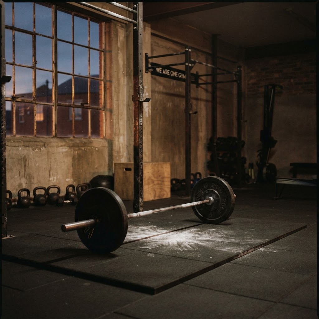 Quiet gym at dawn with a barbell
