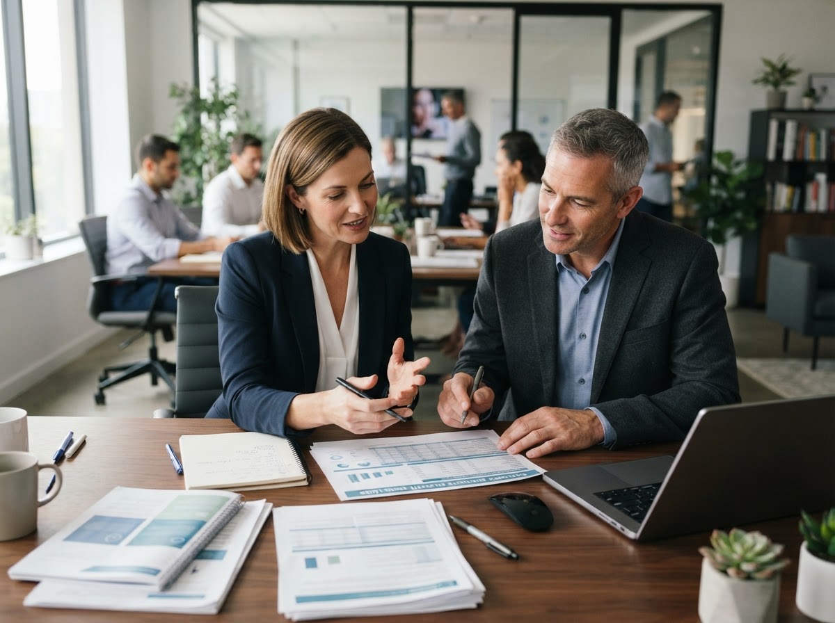 Business owner and HR manager reviewing employee benefits information