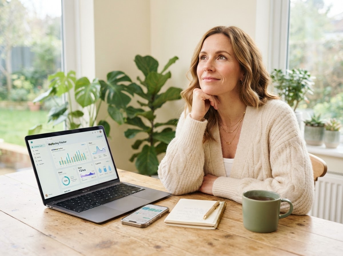 Thryve patient at home reviewing HealthVault dashboard on laptop and mobile