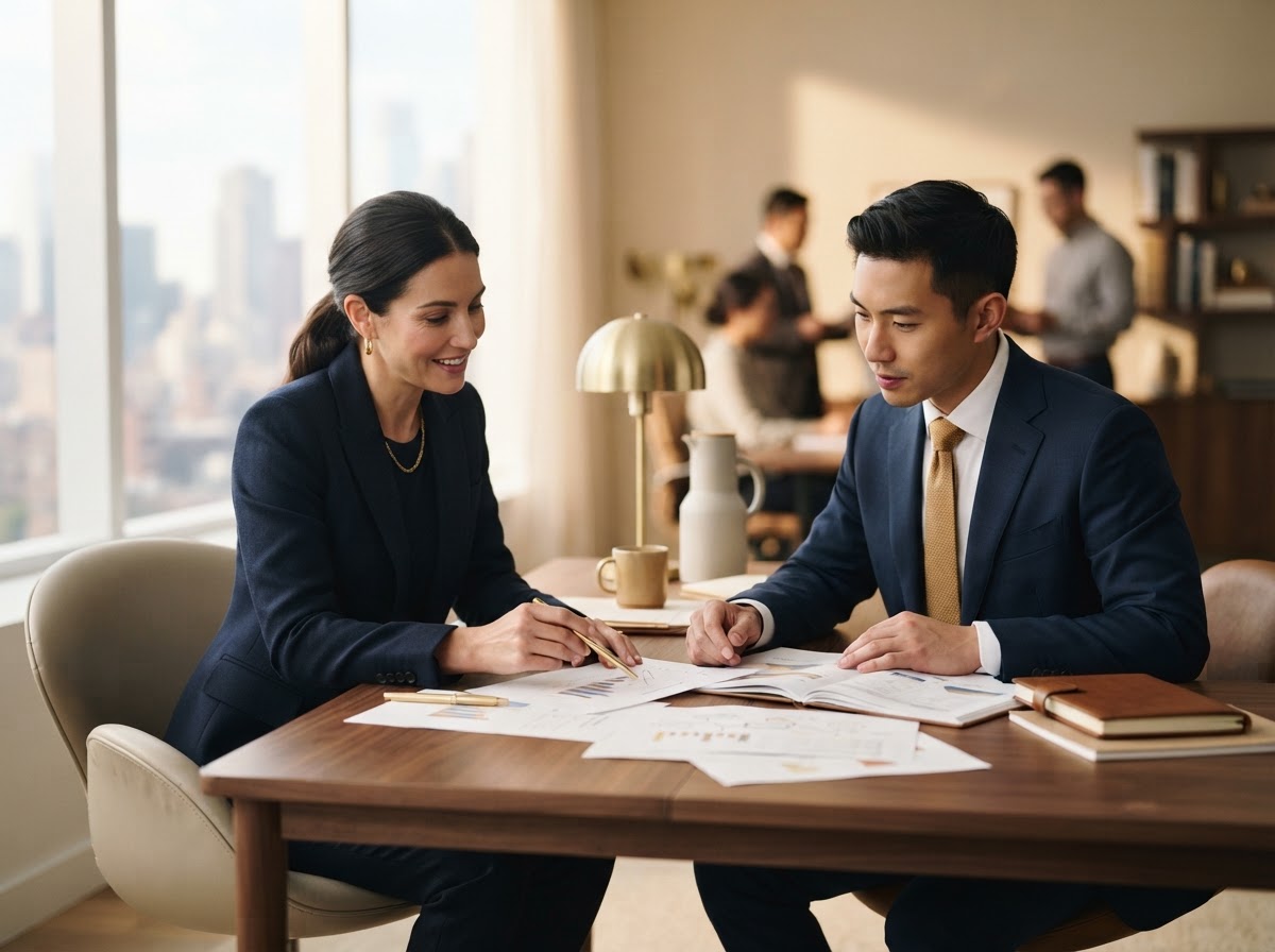Two professionals reviewing strategy documents at a minimalist desk