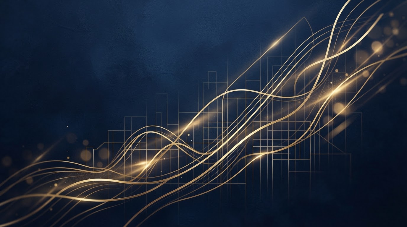 Abstract strategy visualization with golden trajectory lines over a navy grid