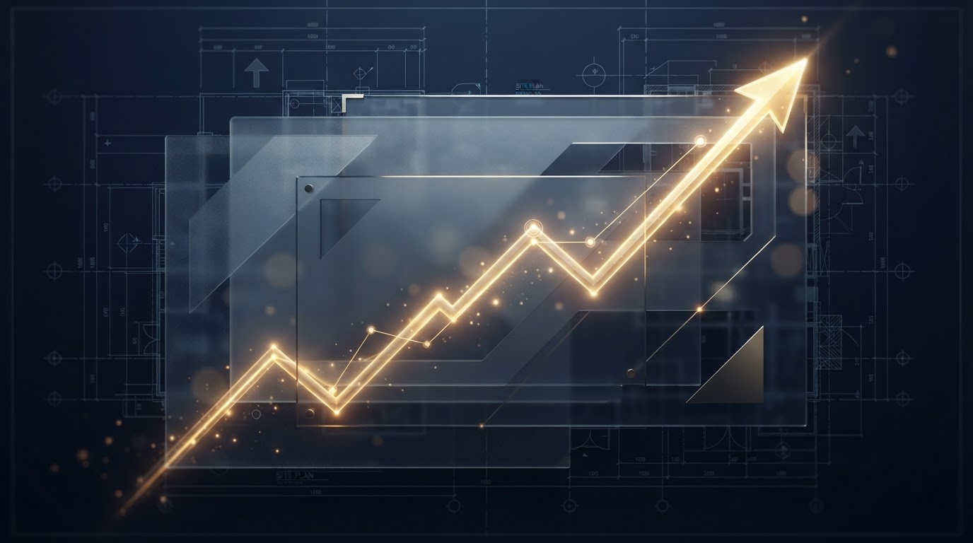 Golden upward trajectory line over a navy architectural blueprint grid
