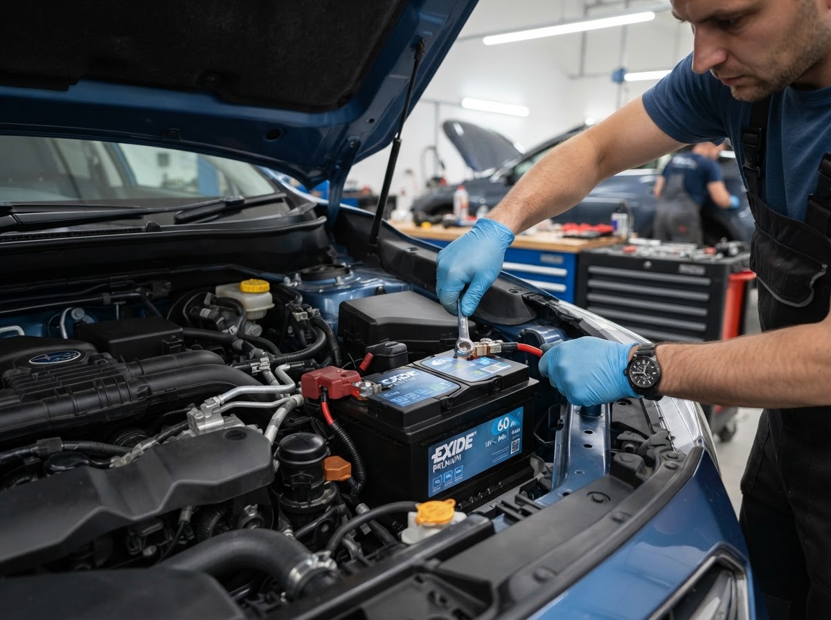 Car battery being installed under a car bonnet