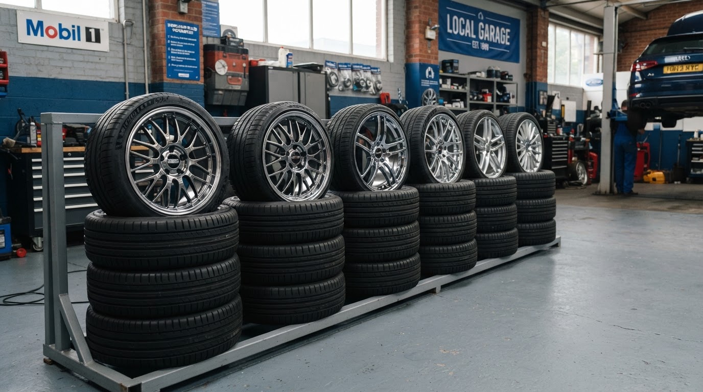 Stacked tyres and alloy rims on display in a workshop