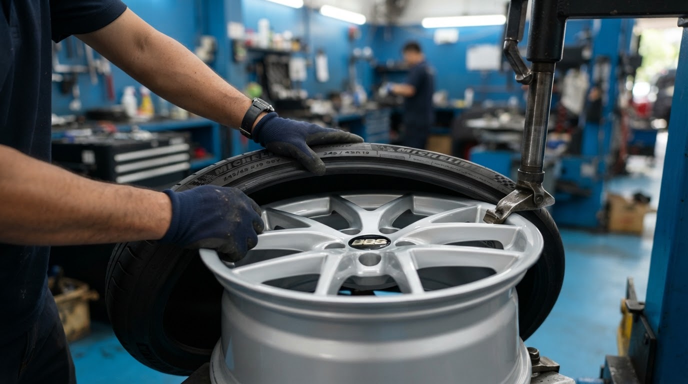 Mechanic fitting a new tyre onto an alloy rim in a workshop