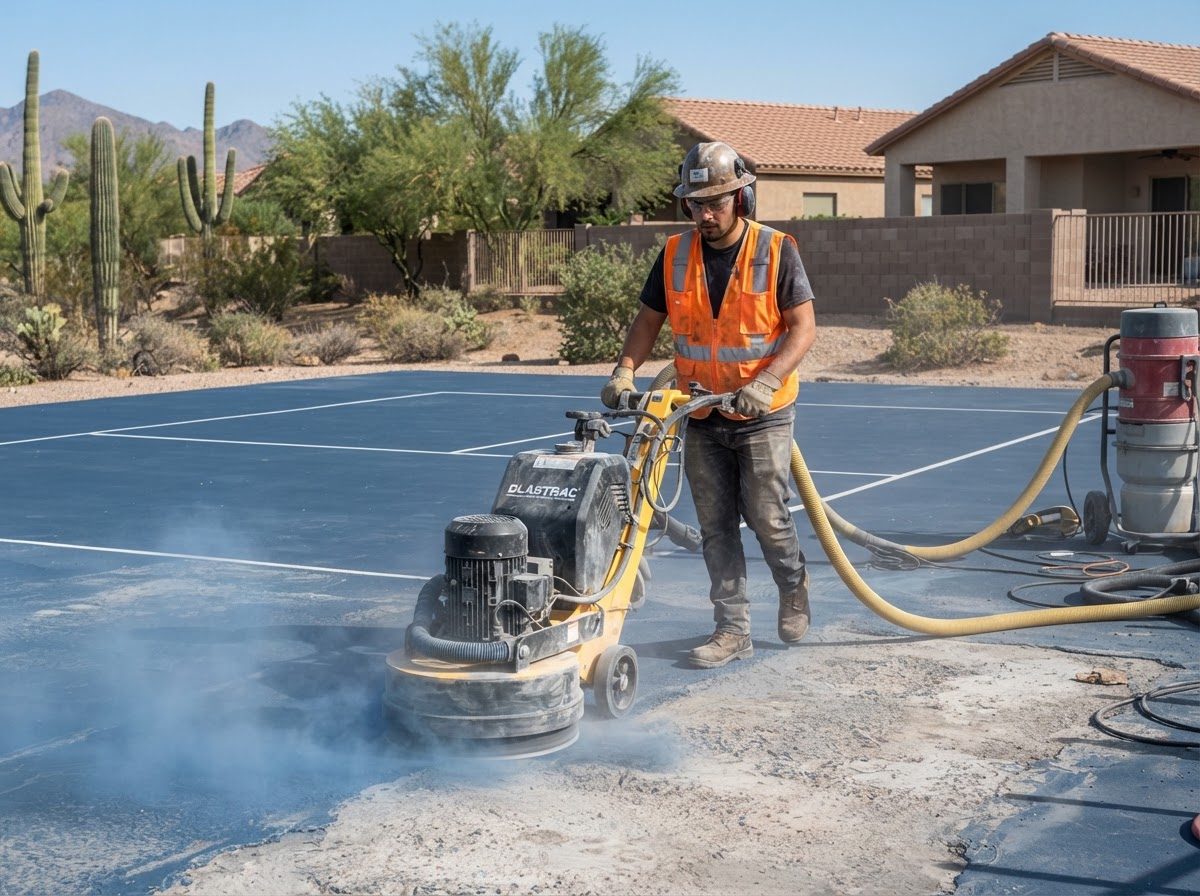Worker operating a surface grinder to remove old coating from a sport court before resurfacing in Peoria, AZ