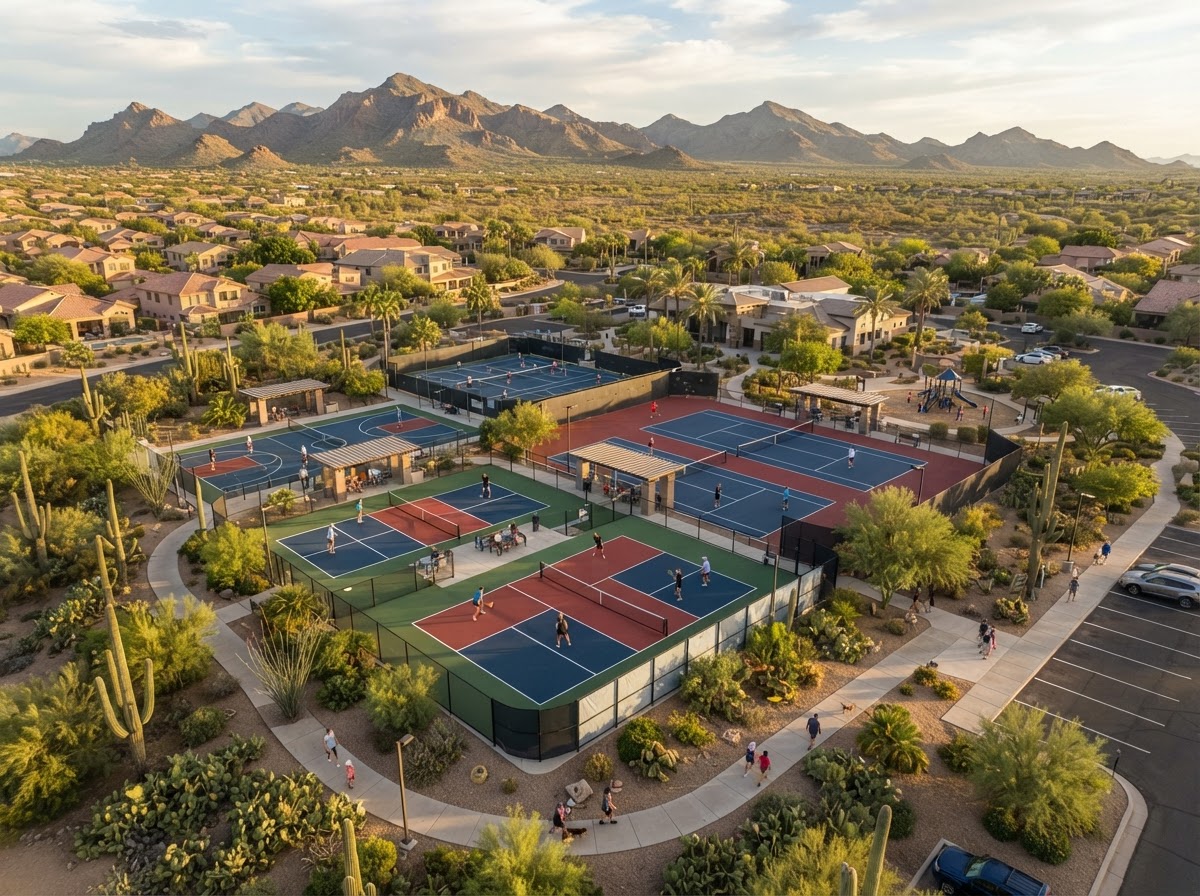 Aerial view of multiple navy-blue and red-accented sport courts with players and walkways in a Peoria, Arizona residential community recreation area