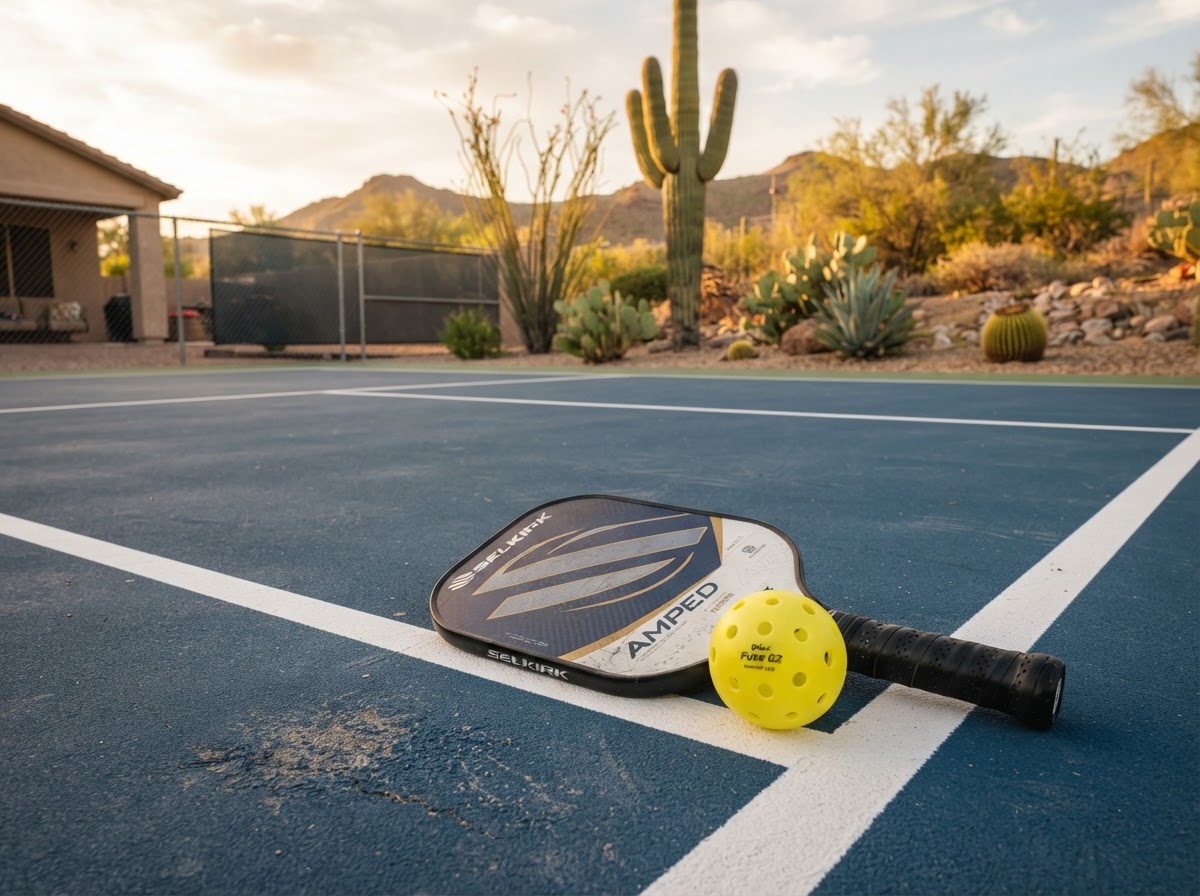 Pickleball paddle and yellow ball resting on a textured navy-blue court surface with crisp white lines in a Peoria, AZ backyard