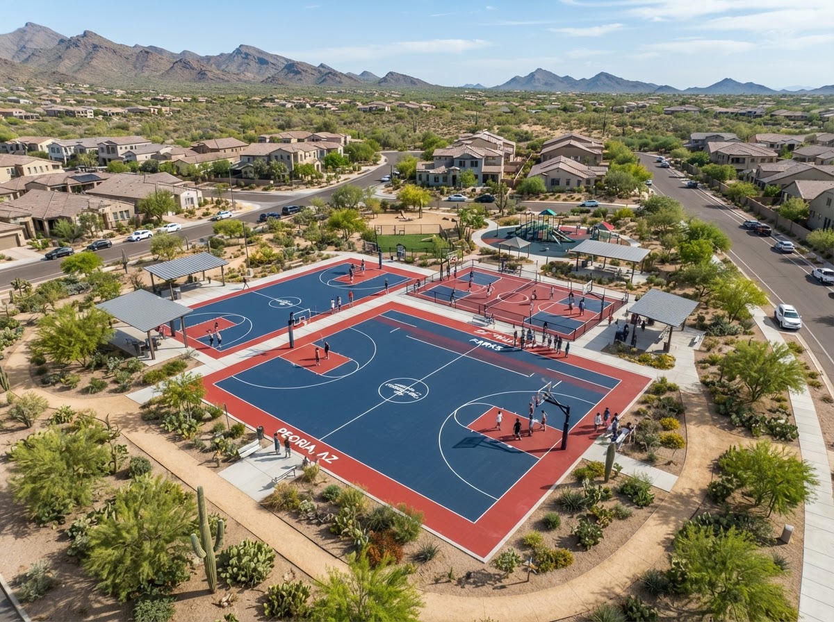 Aerial view of colorful outdoor basketball and recreation courts with navy and red surfaces inside a residential community park in Peoria, AZ