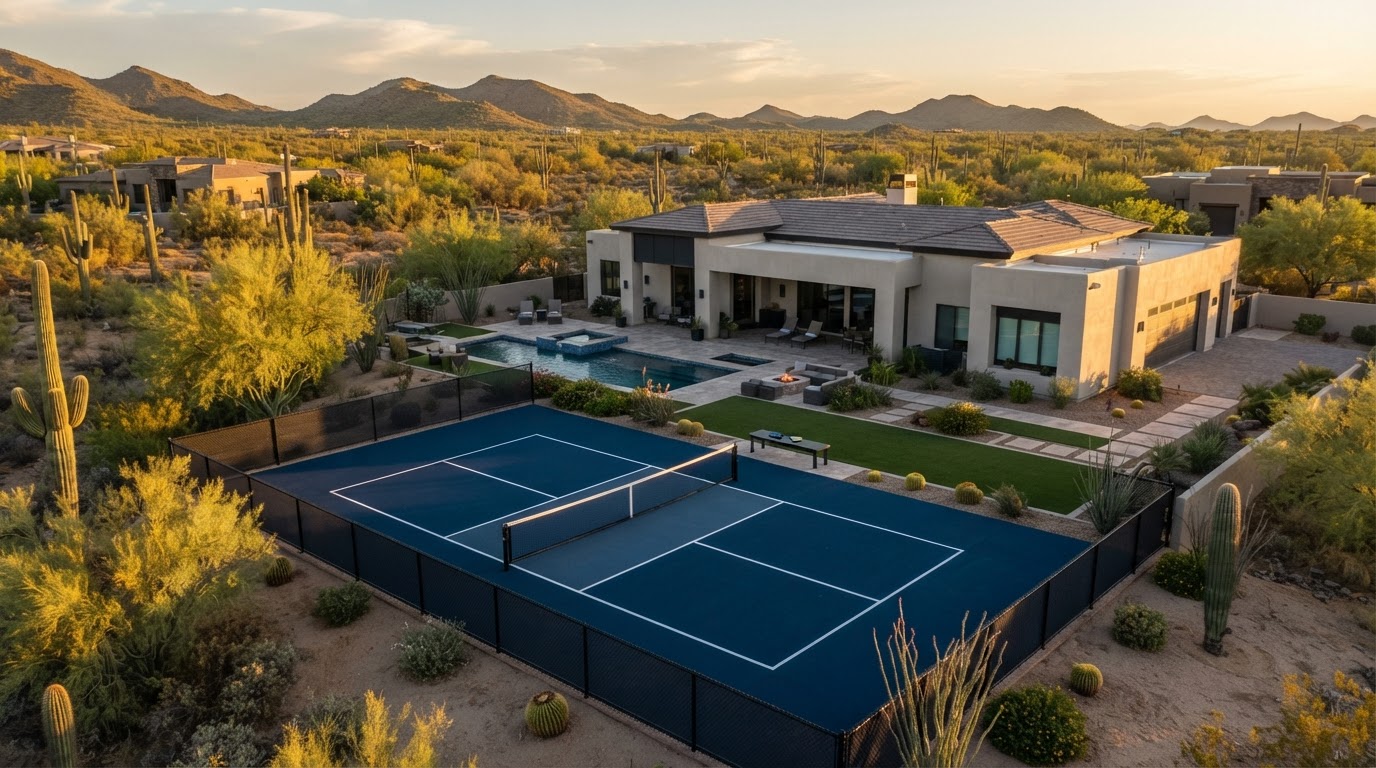 Aerial view of a residential backyard pickleball court with a deep navy-blue playing surface and crisp white lines in a Peoria, Arizona desert landscape at golden hour