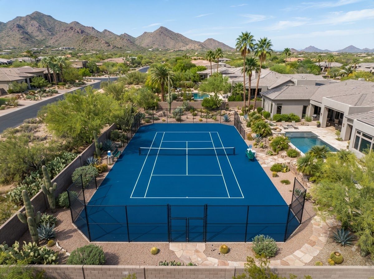Overhead view of a freshly lined navy-blue tennis court with crisp white boundary lines in a Peoria, AZ residential backyard