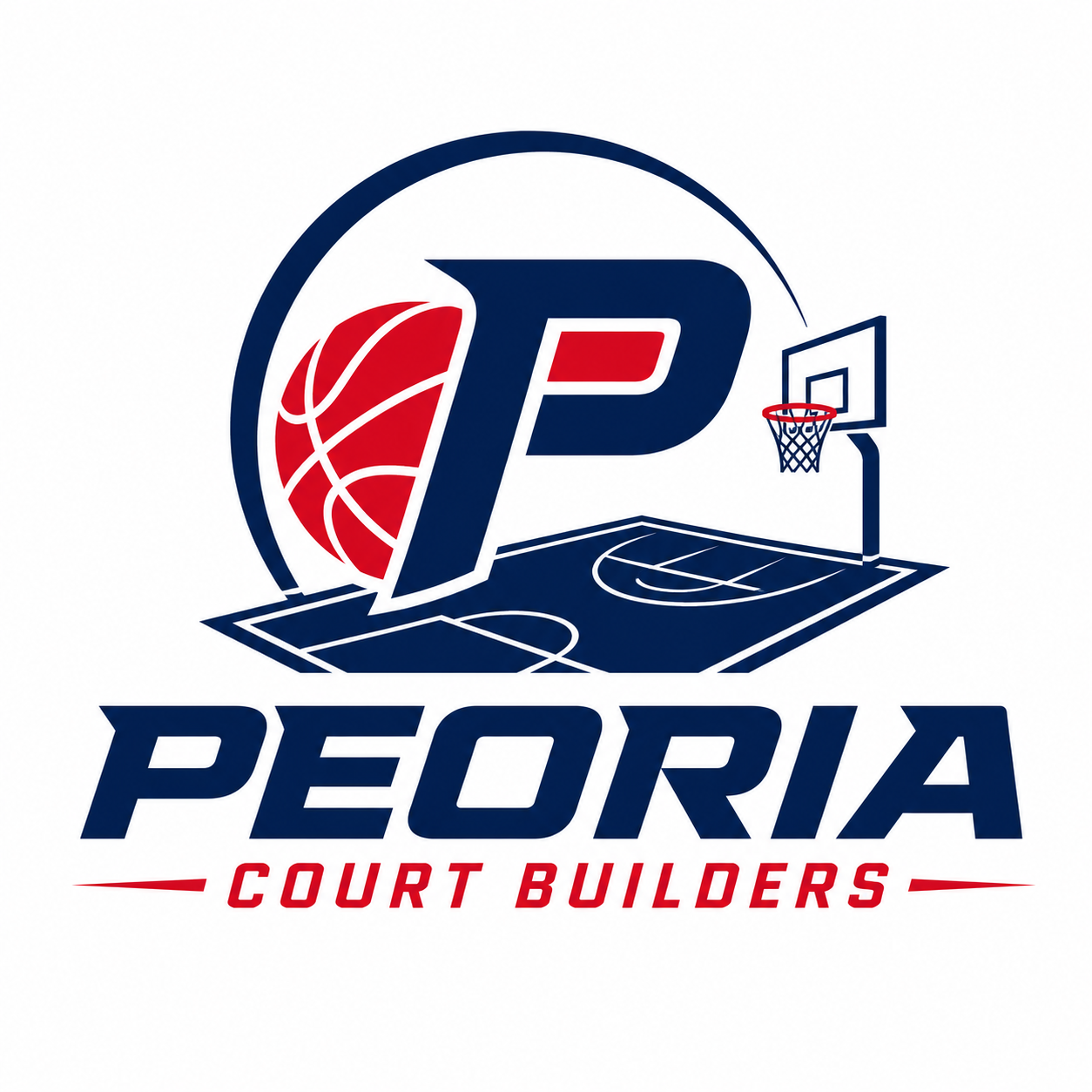 Peoria Court Builders logo - Basketball court and hoop