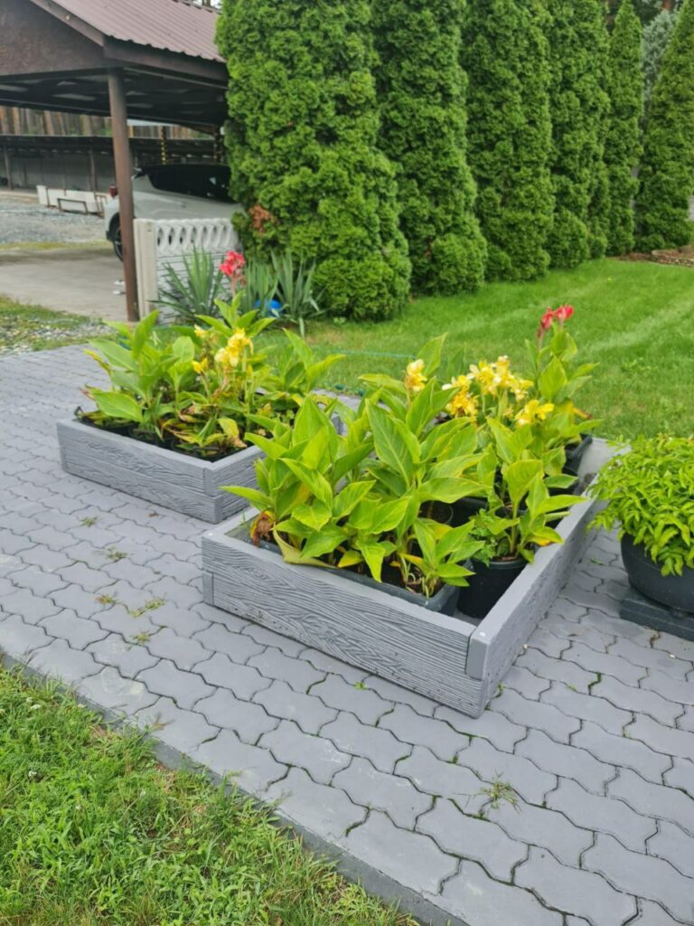 Detailansicht eines hochwertigen Betonzauns mit moderner Gartenbepflanzung