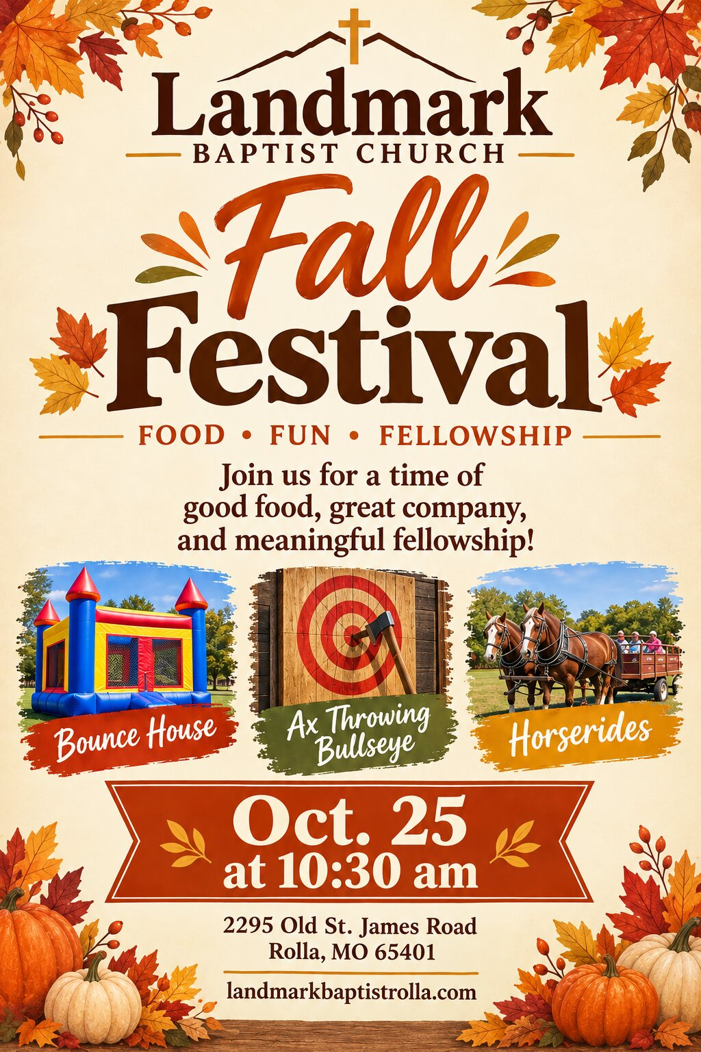 Landmark Baptist Church Fall Festival Flyer - Food, Fun, Fellowship - Bounce House, Ax Throwing Bullseye, Horserides - Oct. 25 at 10:30 am