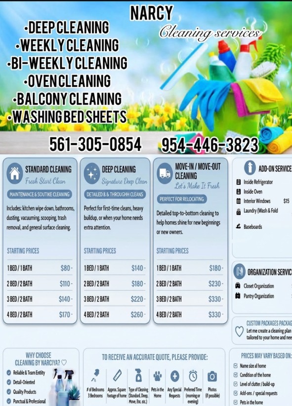 Narcy Cleaning Services flyer with complete rates and cleaning packages