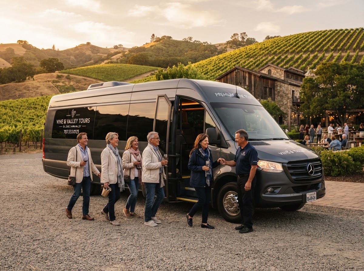 Tour shuttle bus at a vineyard during golden hour — a real operating tour business