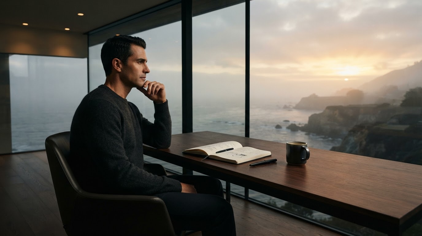 Quiet morning overlooking ocean, journal on desk with coffee, symbolizing clarity and capacity