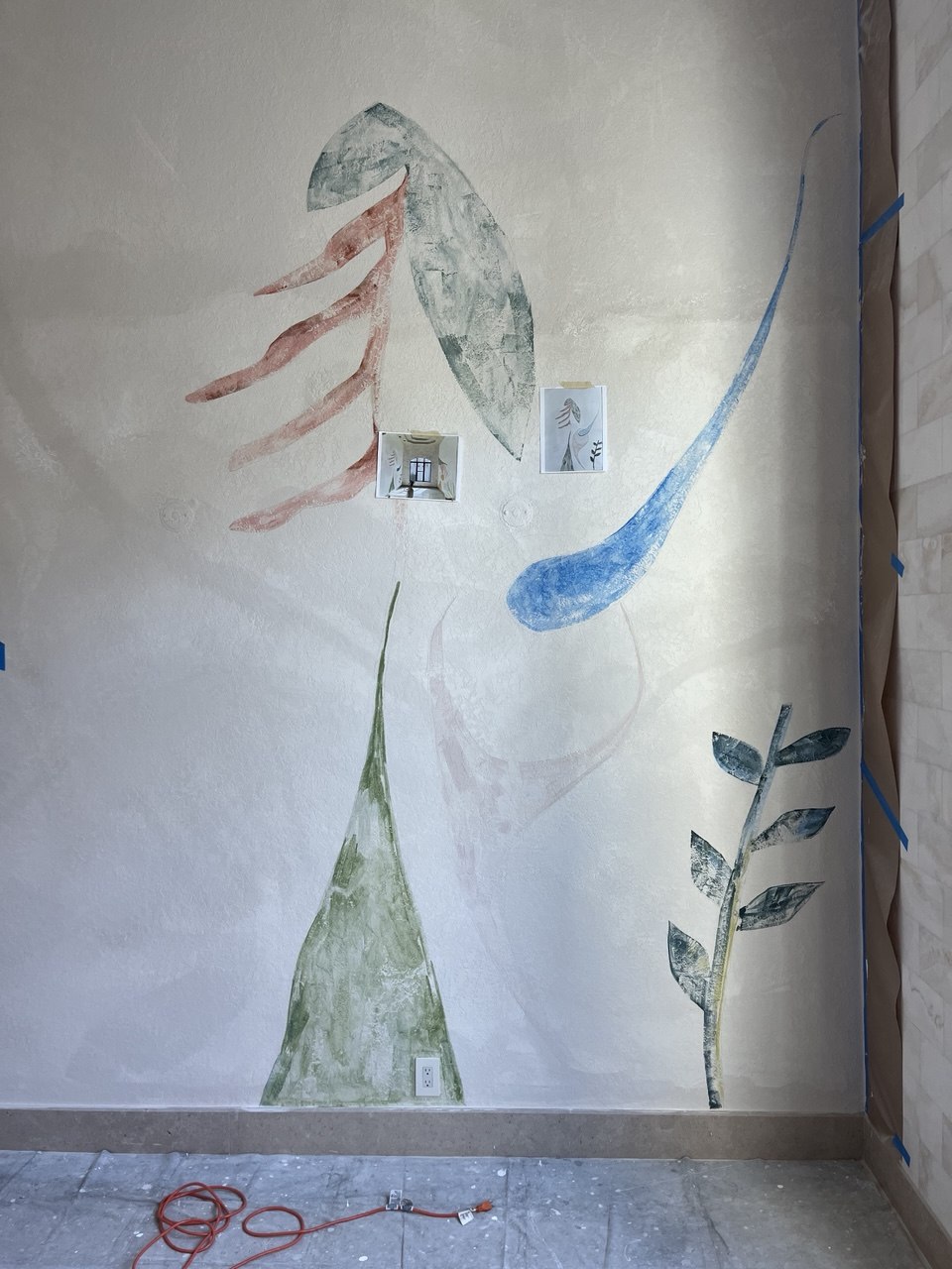 MURAL — Left wall detail showing translucent pigment and hand-painted marks