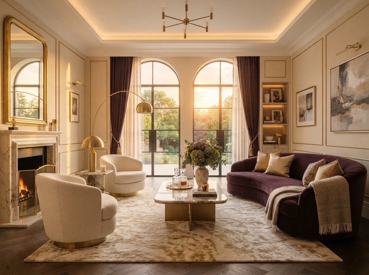 Elegant luxury living room with cream walls and gold accents