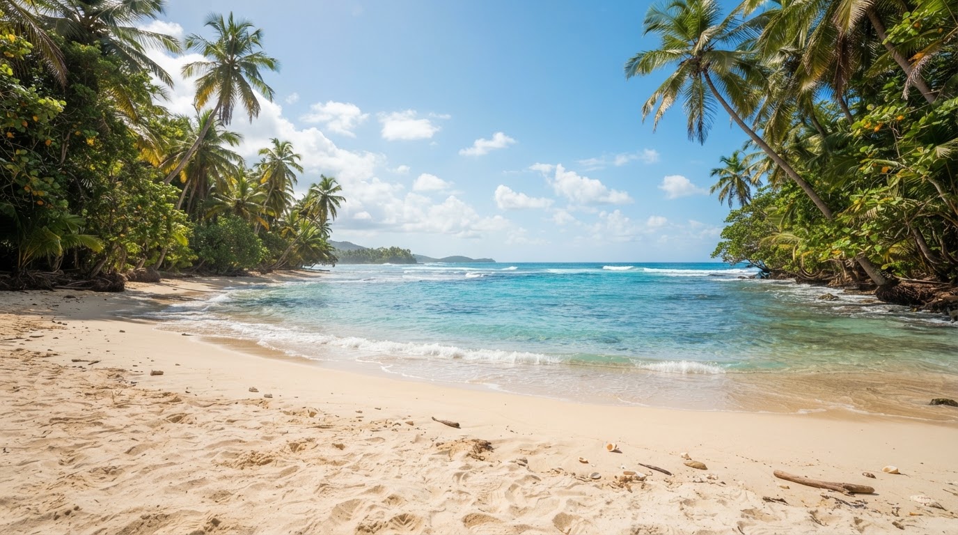 Empty tropical beach with turquoise ocean and palm trees