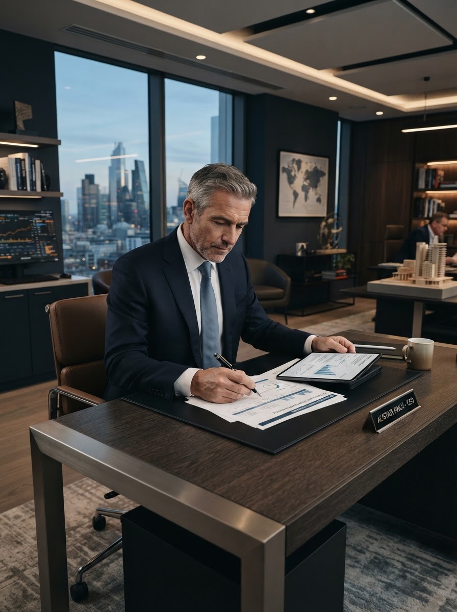 Refined executive strategy environment in a modern professional office