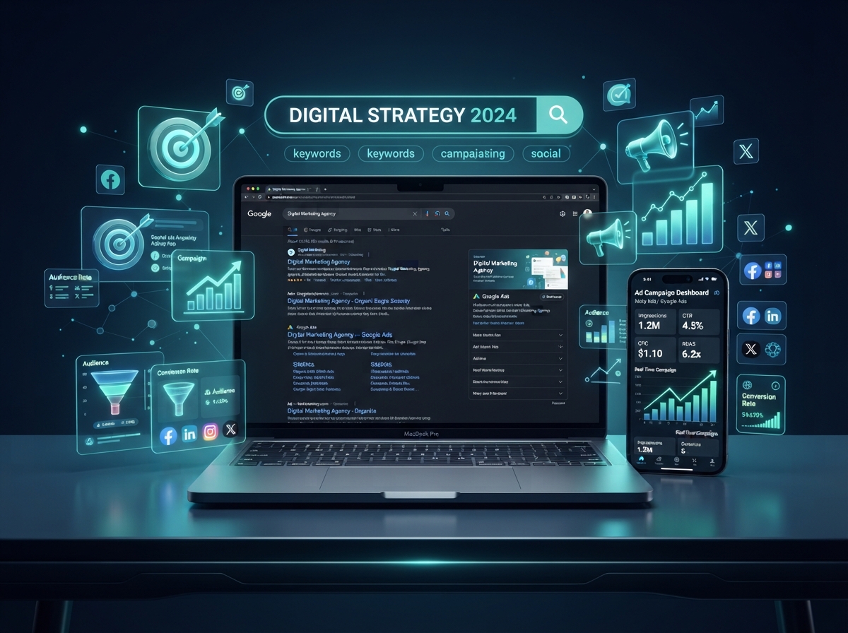 Digital marketing dashboard showing search, ads, and social performance