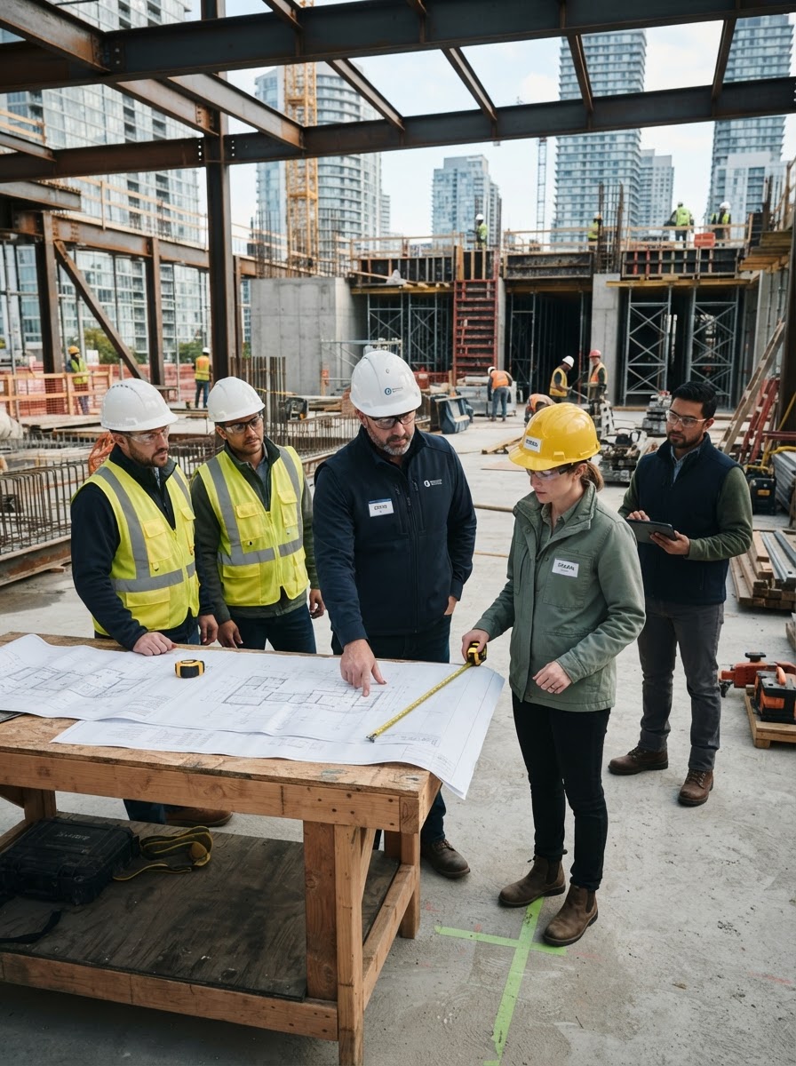Professional construction site with contractors reviewing blueprints