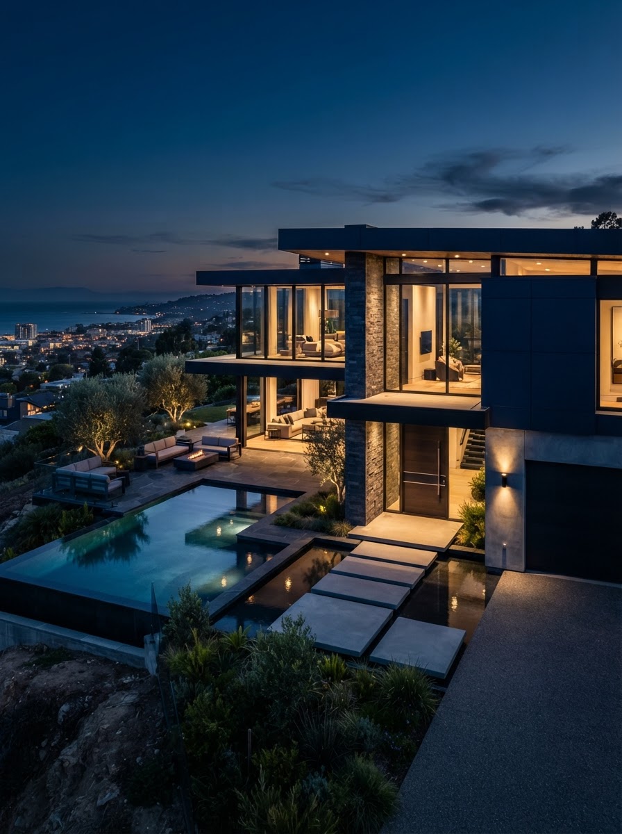 Striking modern luxury property exterior with clean architectural lines