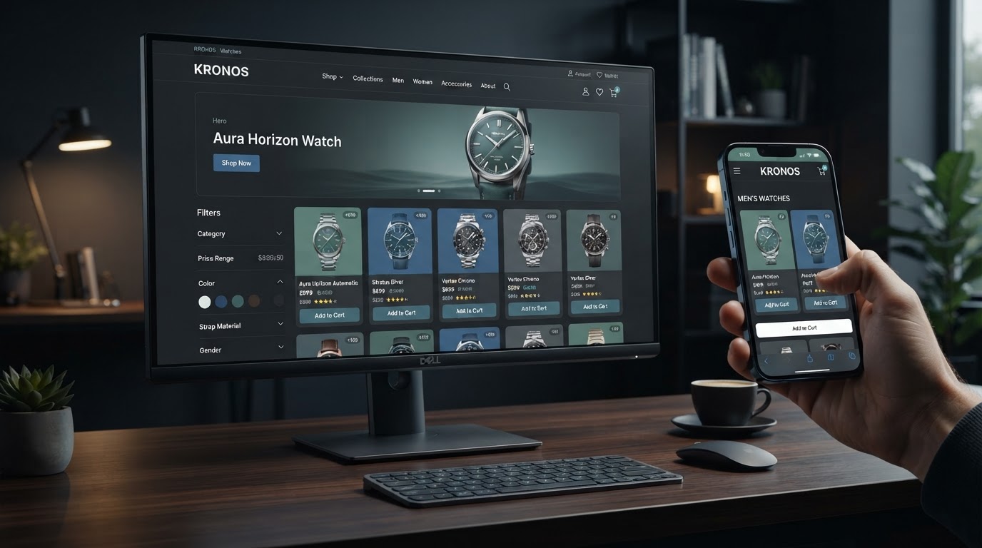 Premium e-commerce storefront across desktop and mobile devices