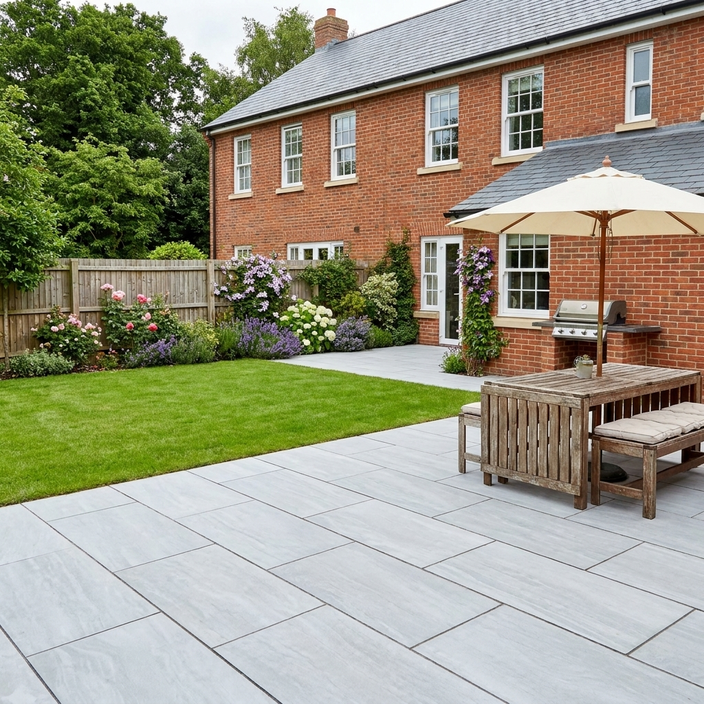 Contemporary porcelain paving and outdoor dining patio