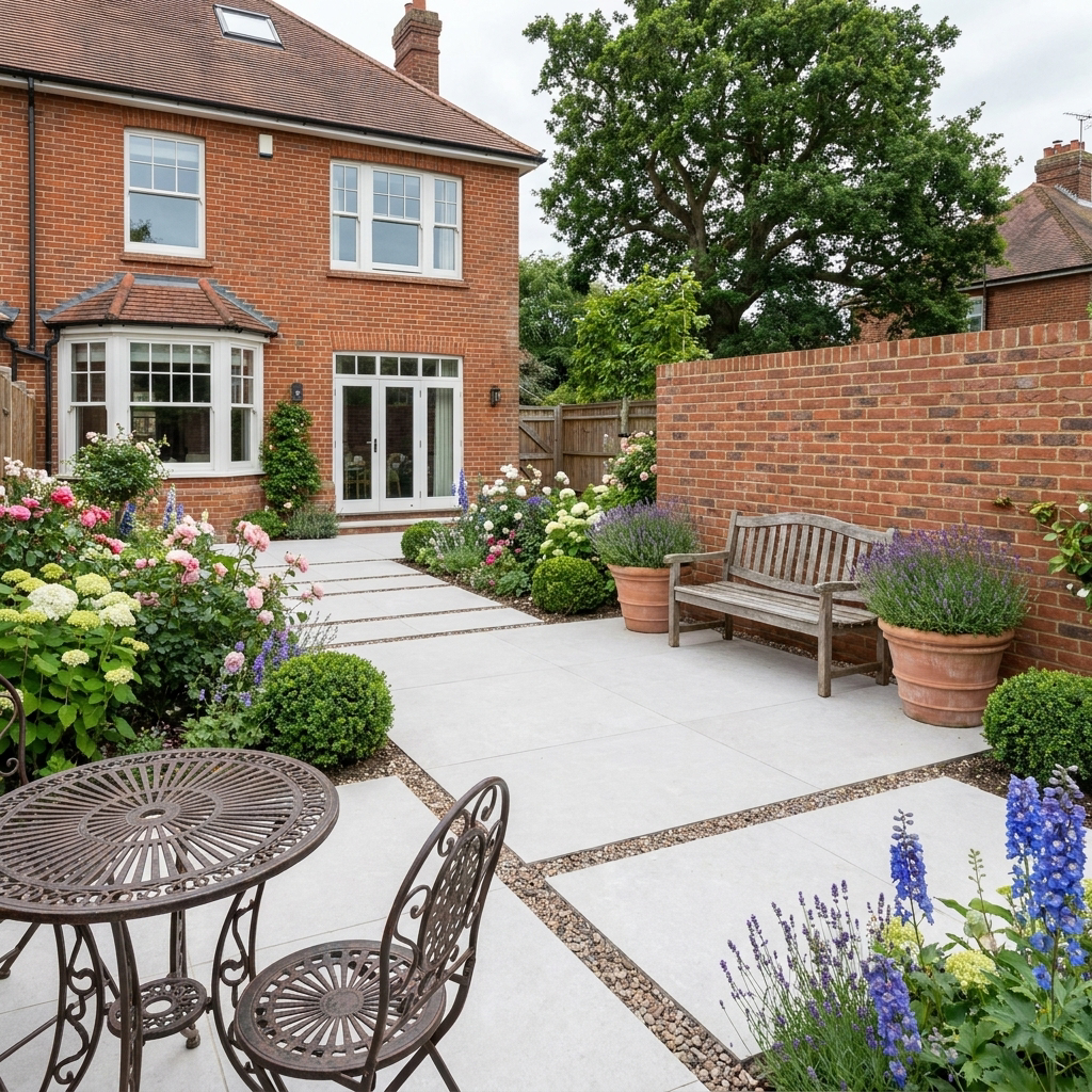 Contemporary porcelain patio and seating area