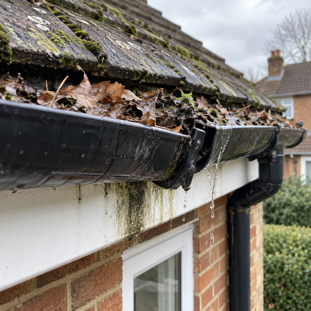 Damaged and leaking gutter overflowing with leaves and moss
