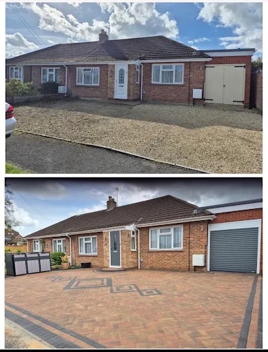 Before and after comparison of front gravel driveway transformed into bespoke block paving