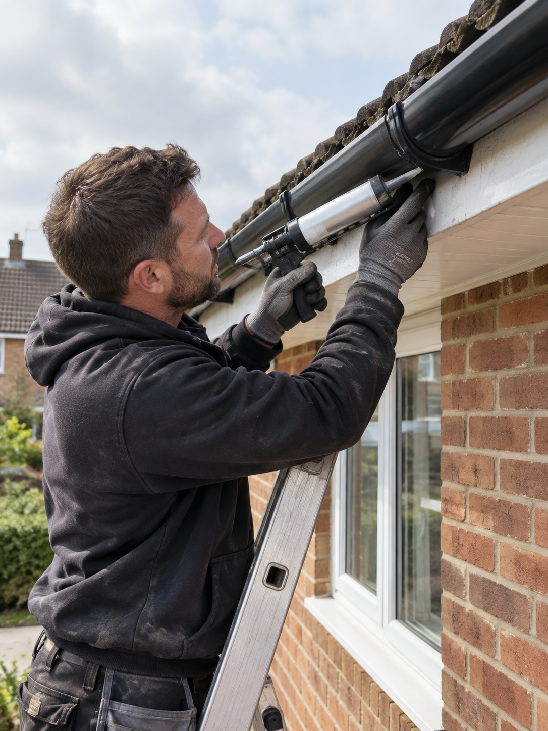 Professional gutter repair technician sealing and aligning roofline guttering
