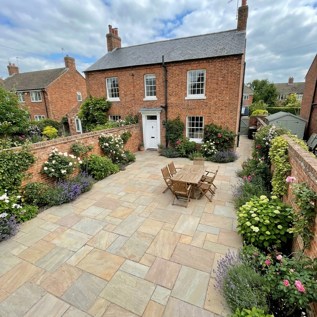 Indian sandstone walled garden patio with dining set and border planting