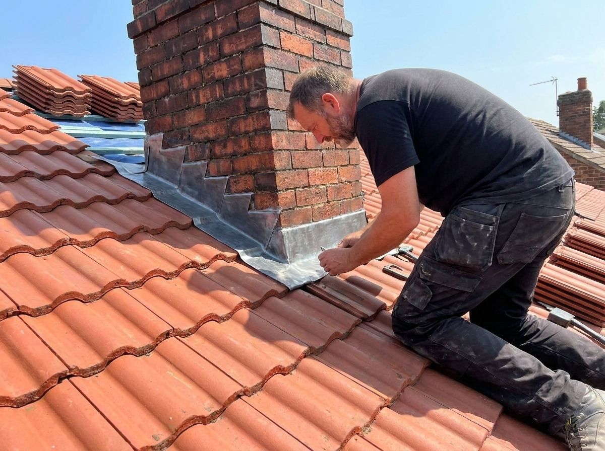 Roofer dressing stepped lead flashing around brick chimney stack