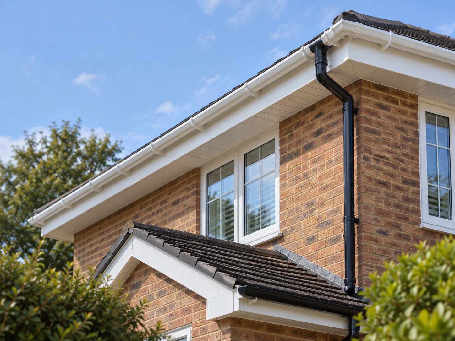 Modern black downpipe and white roofline guttering installation on brick home