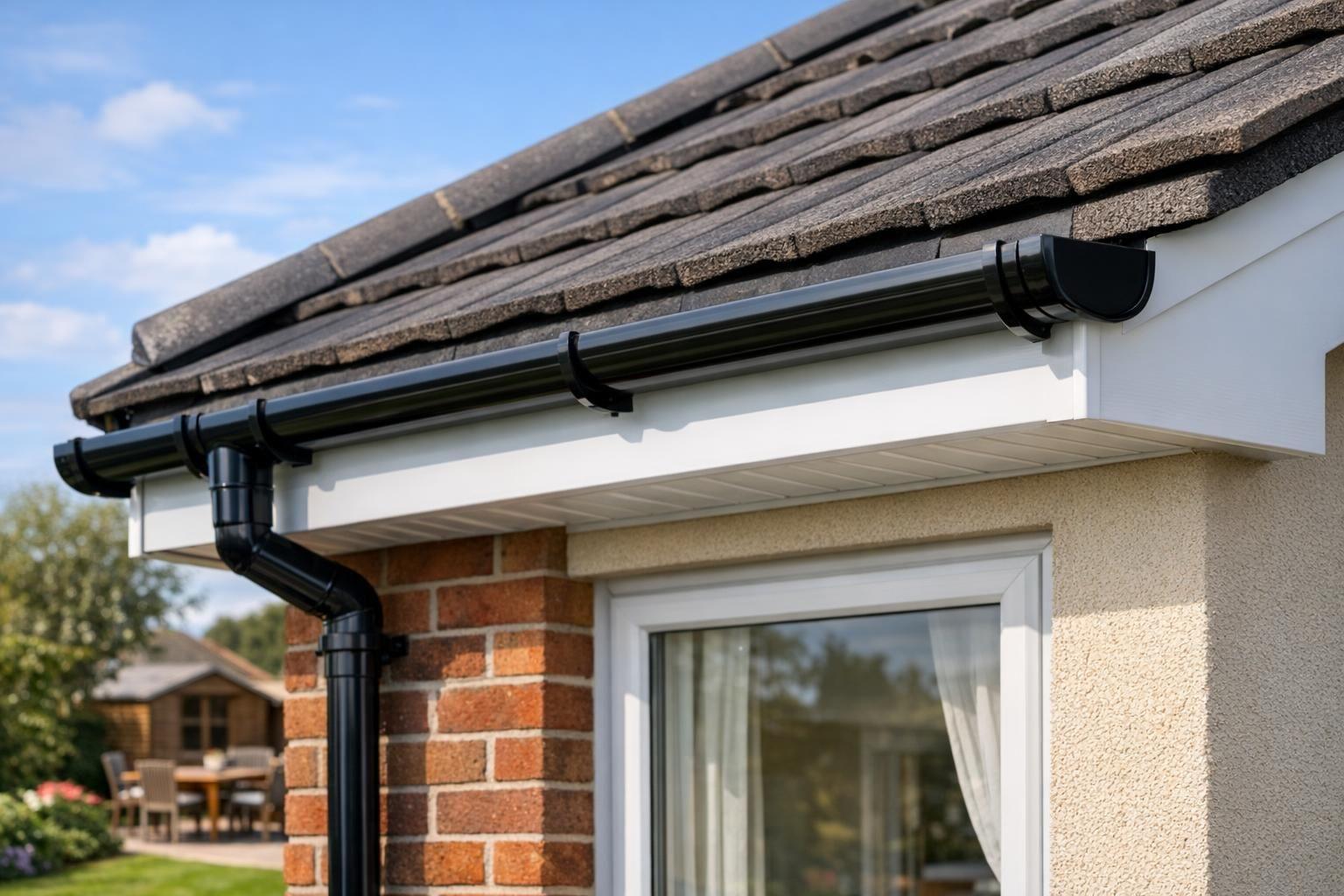 High quality white uPVC fascias, soffits, and black rainwater guttering