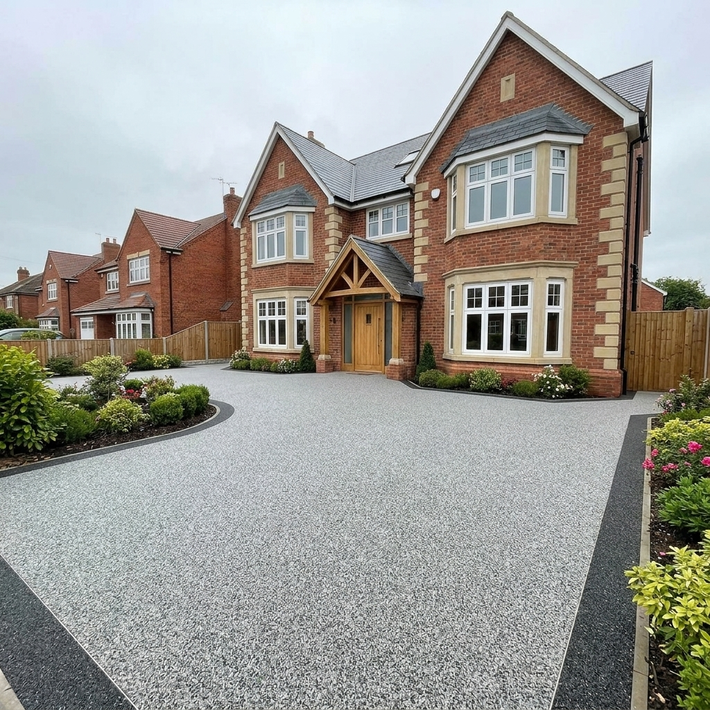 Resin-bound driveway with dark charcoal brick border outside brick home