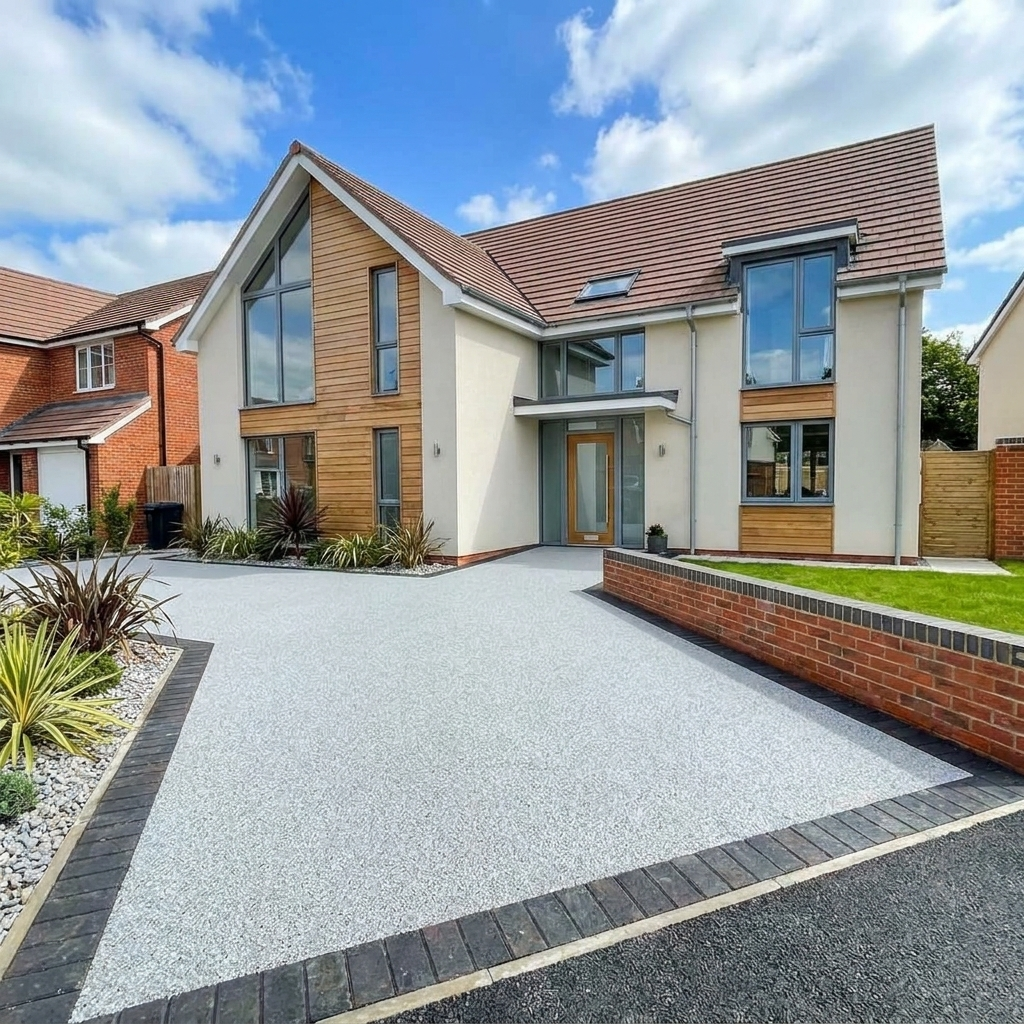 Permeable resin-bound driveway outside modern home