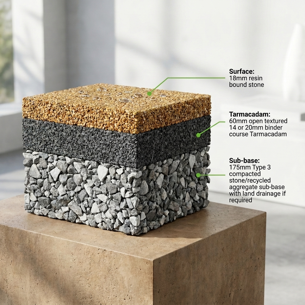 Resin-bound driveway layer construction diagram showing sub-base, tarmacadam binder course, and resin-bound stone surface