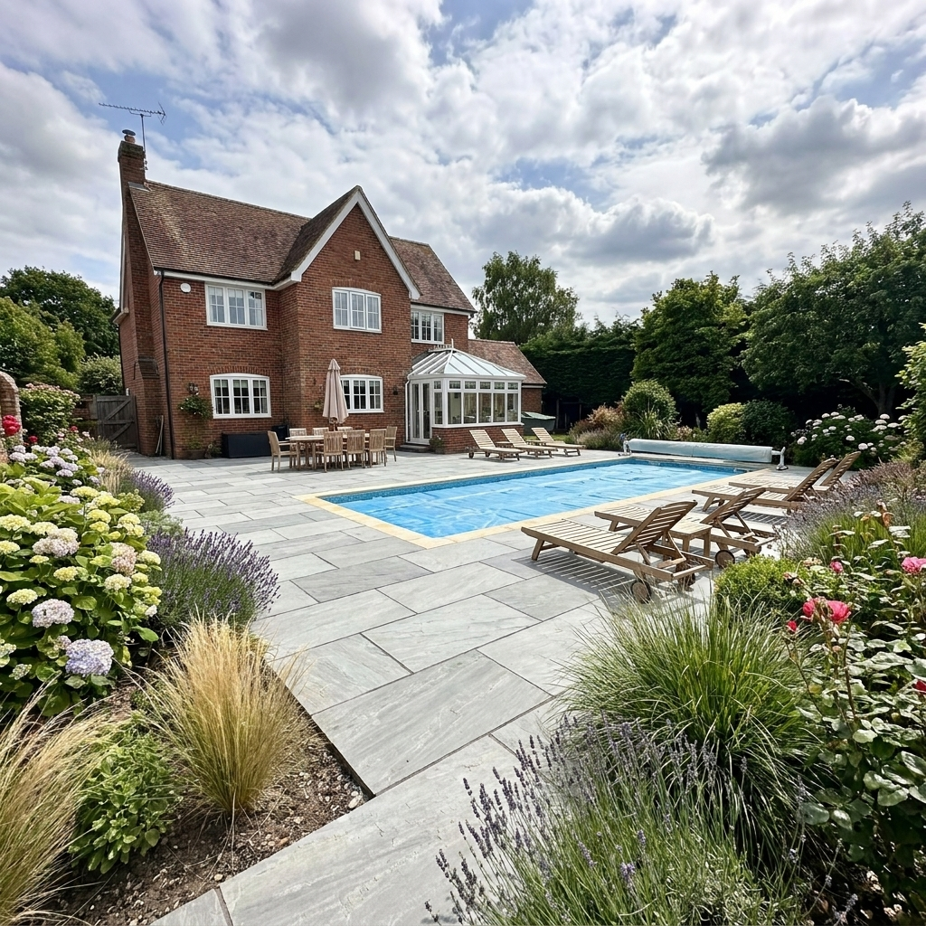 Indian sandstone pool patio with dining area and sun loungers