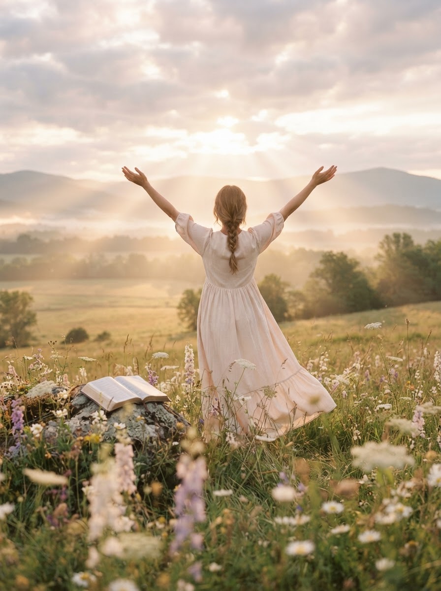 Free the Real Me guide cover — a woman on a wildflower hilltop at golden sunrise, arms wide open to the sky, an open Bible at her feet