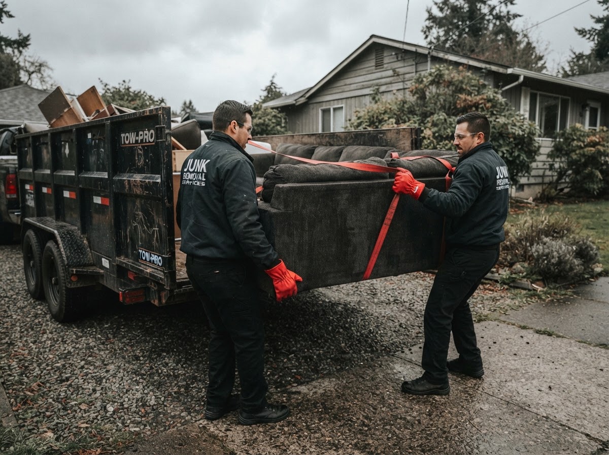Hook & Haul crew in red gloves loading a heavy sofa into a dump trailer